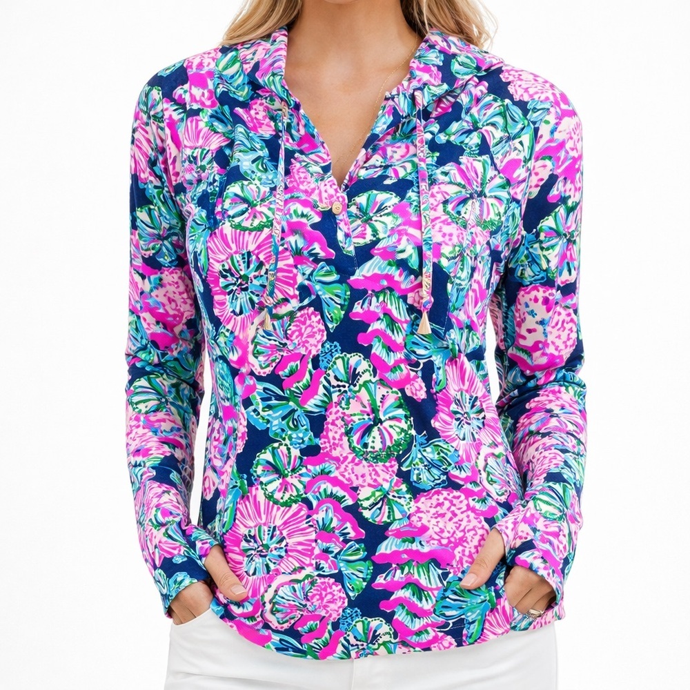 Lilly Pulitzer Floral Popover Top XXS Thumbhole Sleeves Pink Blue